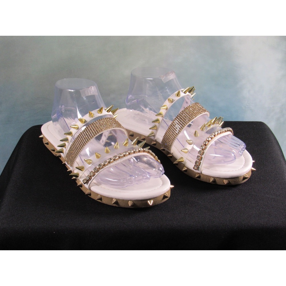 Cape Robbin Womens White Spiked Rhinestone Studded Slide Sandals Gold Spikes
